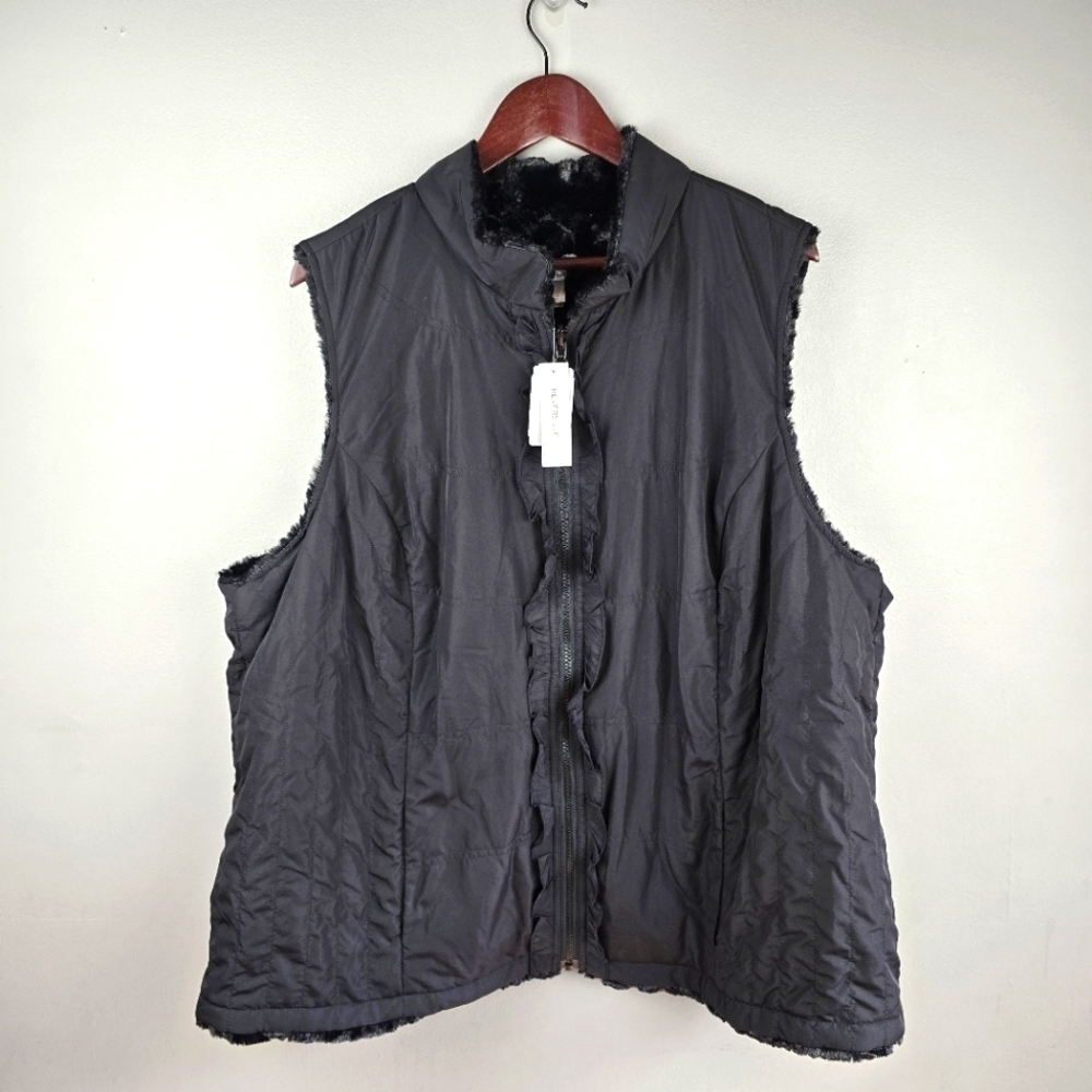 CJ BANKS Reversible Ruffle Zip Vest Faux Fur Black Women Sz 3X‎ Neutral Layering